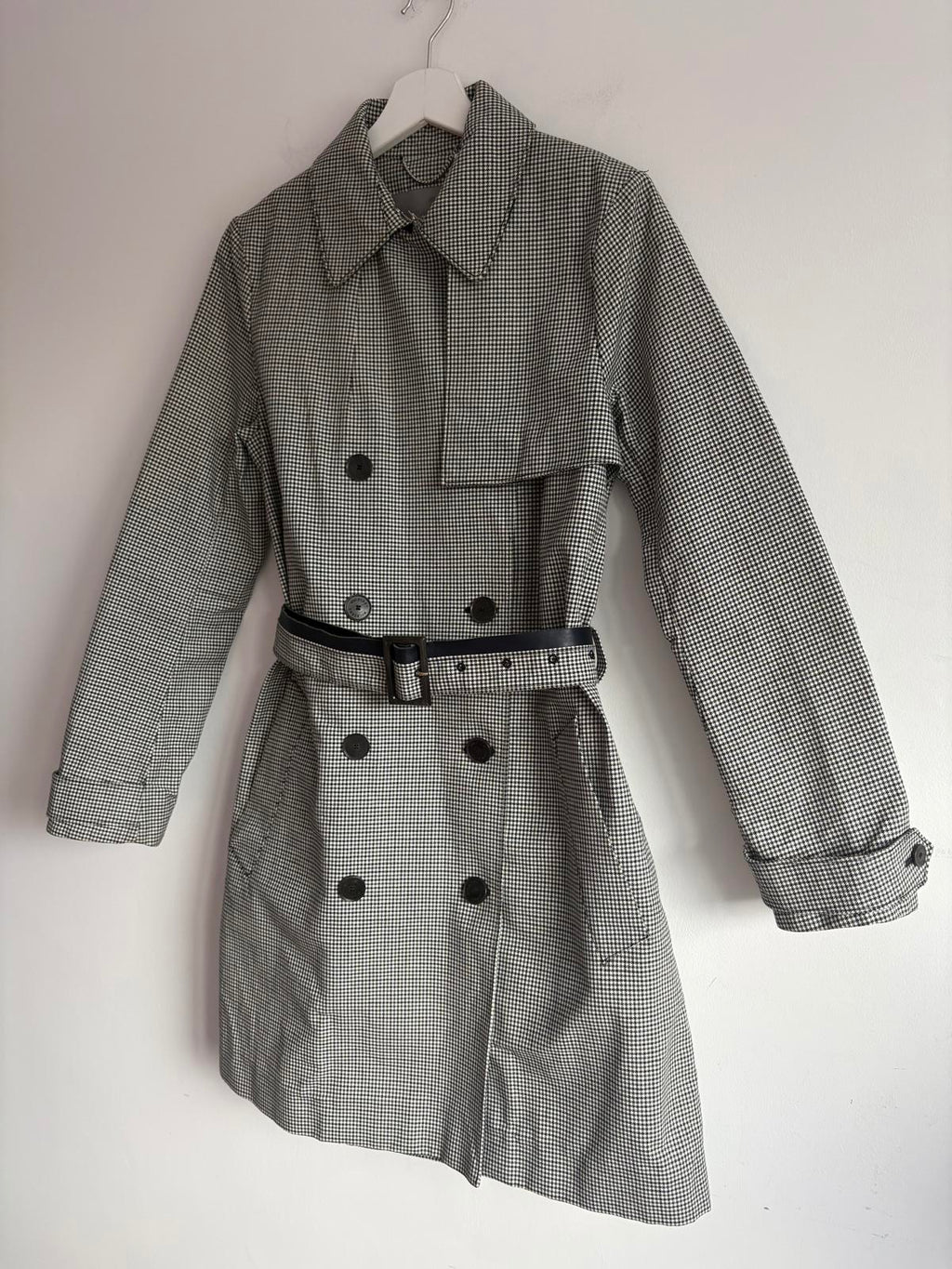 Mulberry houndstooth black white and green check belted trench coat size UK 8