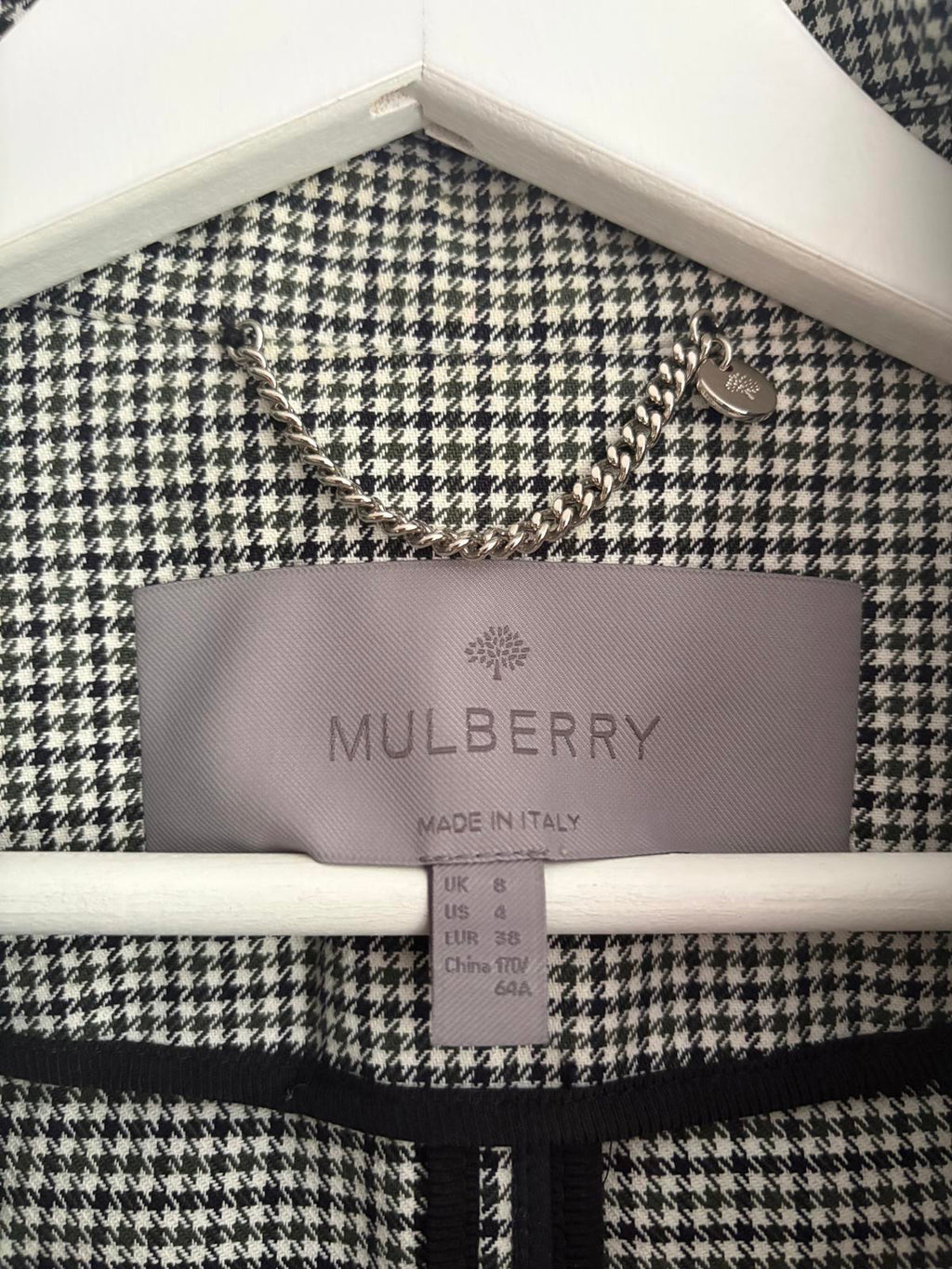 Mulberry houndstooth black white and green check belted trench coat size UK 8