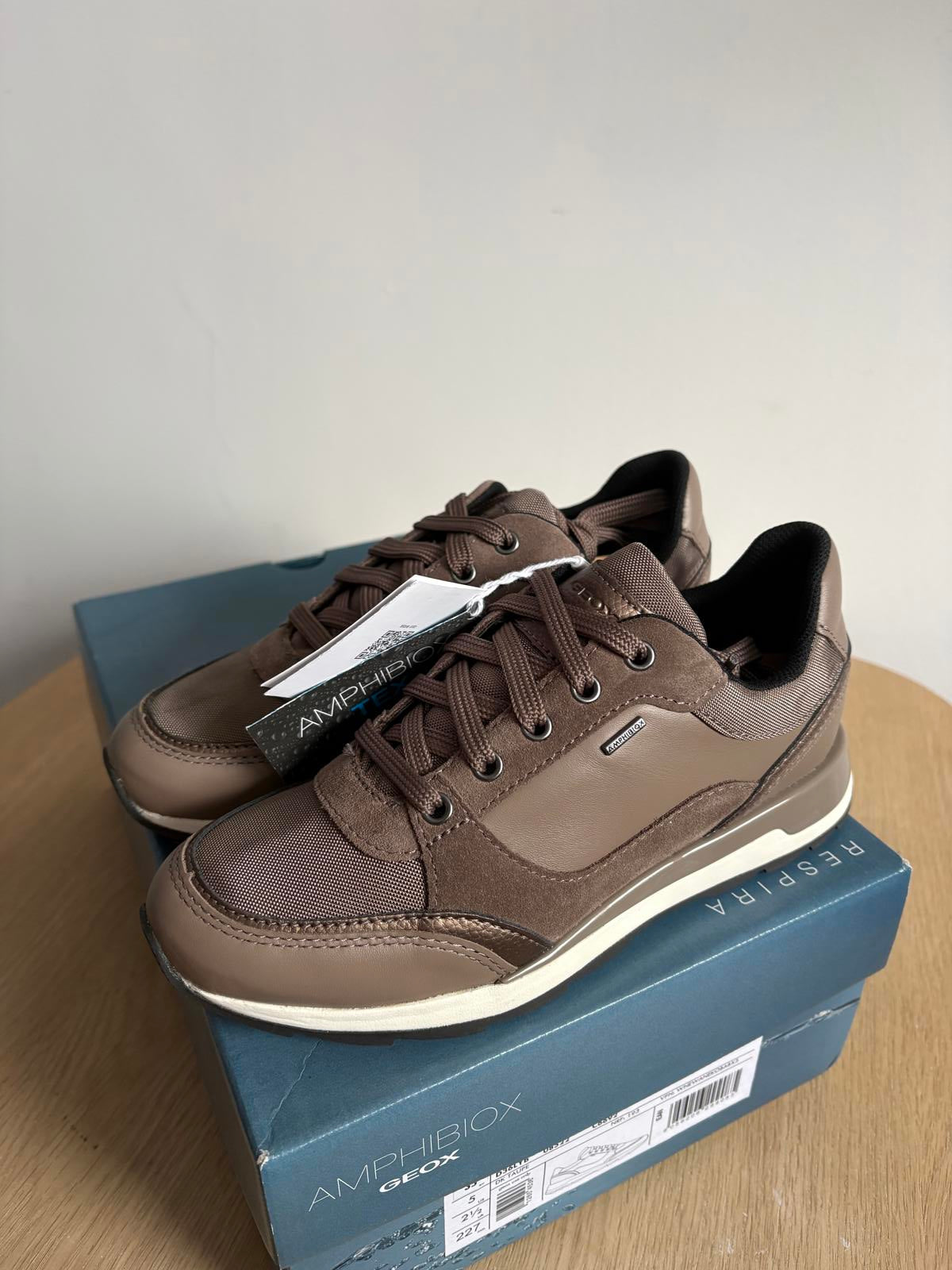 Geox taupe brown leather with suede detail Aneko trainers size UK 2.5/ EU 35
