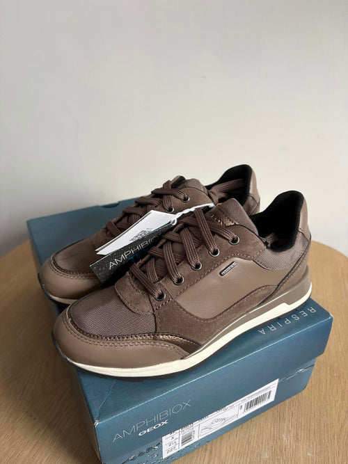 Geox taupe brown leather with suede detail Aneko trainers size UK 2.5/ EU 35